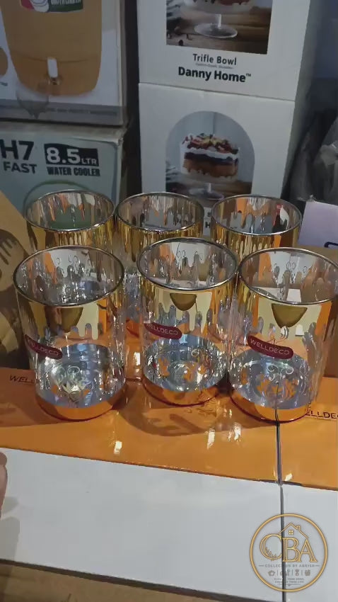 Welldeco 6 Pcs Glass Set – Premium Golden Mirror Reflecting Stylish Drinking Glasses