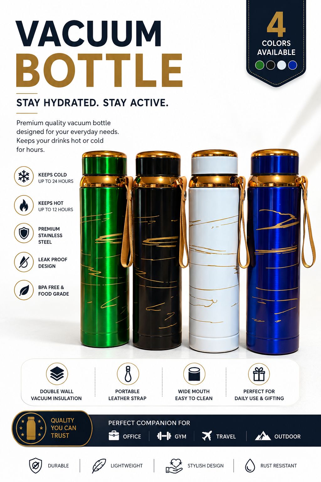 Golden Dot & Lining Vacuum Bottle – 1000ML