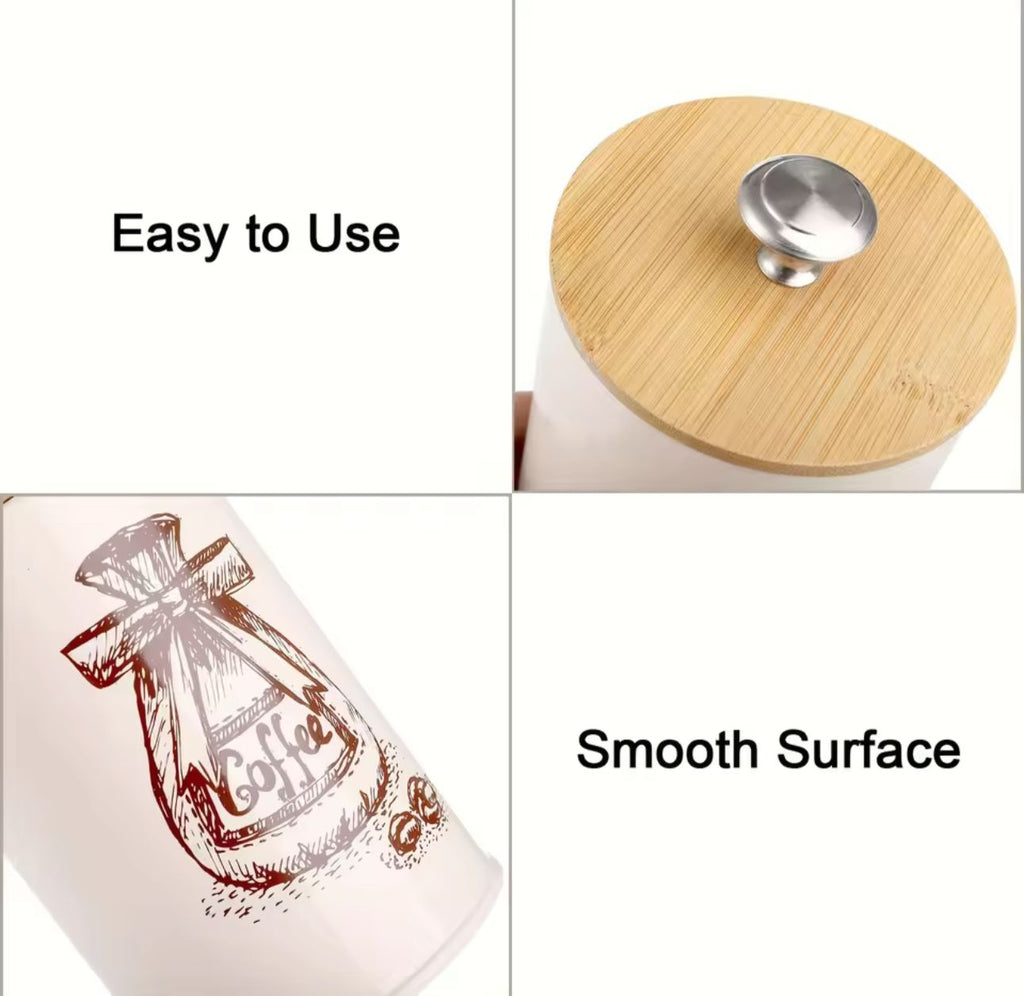 3 pcs Vintage Retro Metal Containers with Lids Coffee Tea Sugar Set Bamboo Top Sealed Cans Box